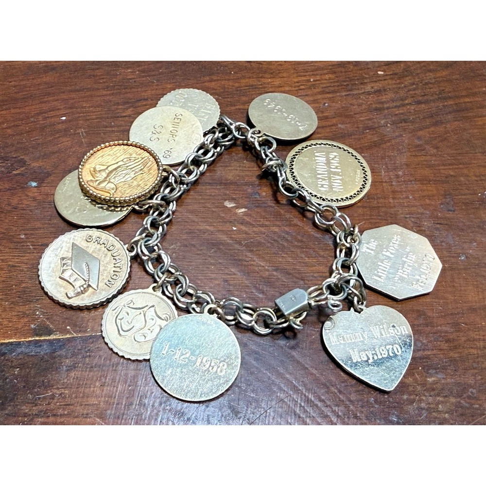 Vintage 12K Gold Filled Charm Bracelet 1960s 1970s Milestones Praying Hands Grad